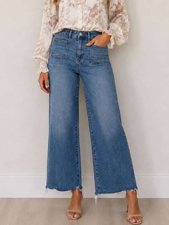 Vervet Denim - Vervet High Rise Wide Leg Crop Jeans Raw Hem Medium Wash Size 27